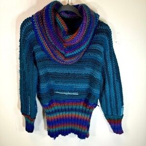 handmade chunky knit pullover sweater cowl neck turtleneck blue purple vintage
